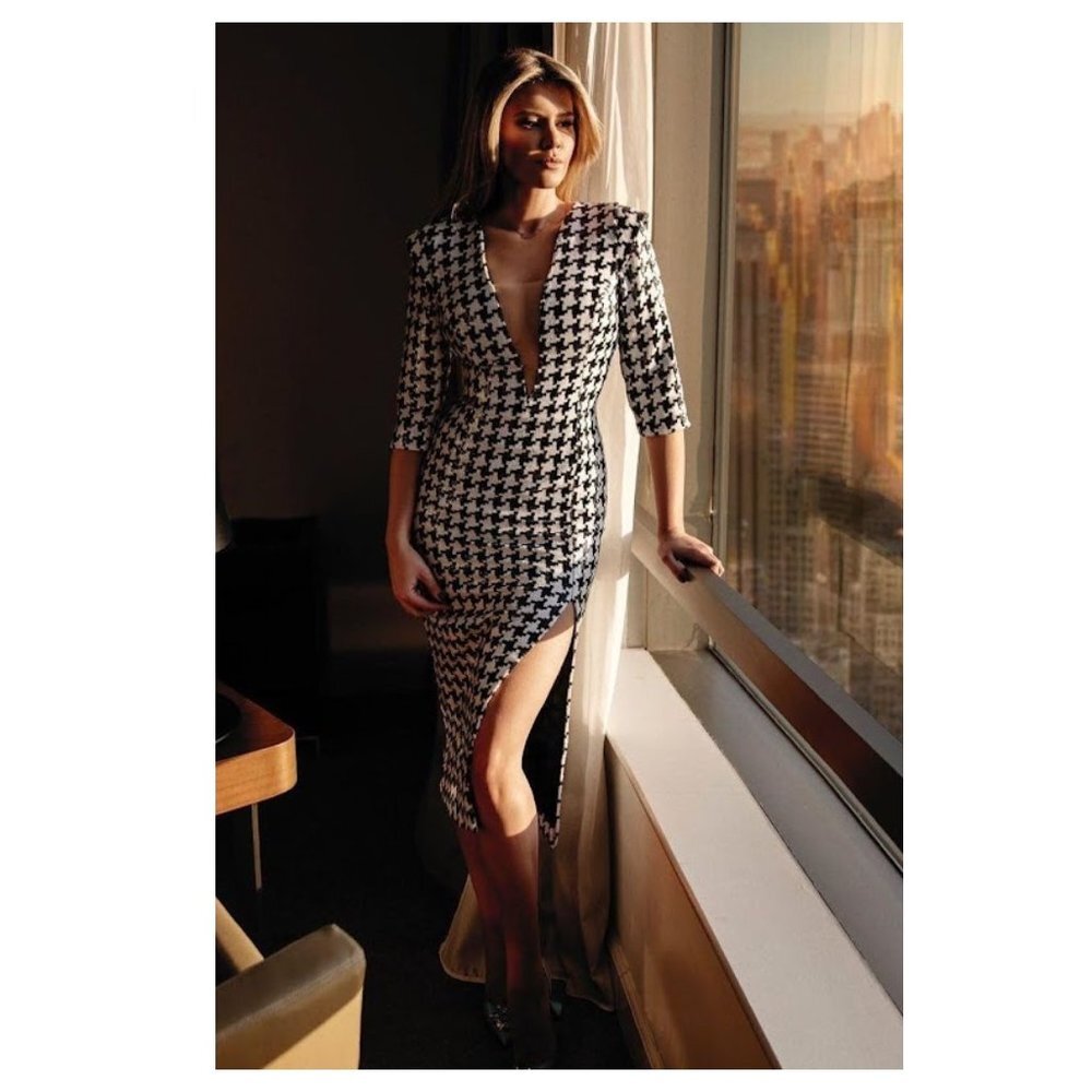 Hamel Sequin Houndstooth Plunging V Midi Dress - image 1